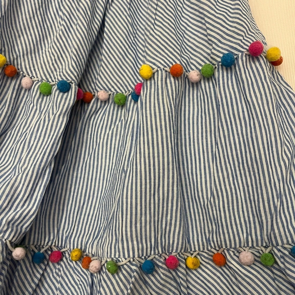 Striped Blue Kids Dress with Pom-Poms - Picture 4 of 8